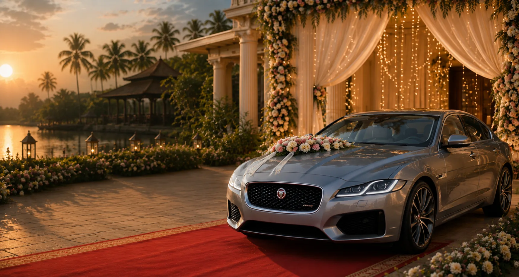 Decorated Jaguar wedding car with flower arrangement on the bonnet, arriving on a red carpet at a Kerala wedding venue at sunset