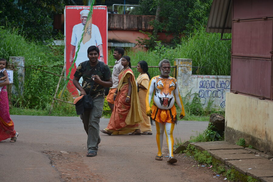 Pulikali tiger dance performers celebrating Onam in Thrissur, Kerala