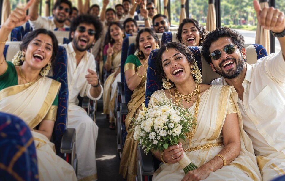 Wedding transportation offer - happy wedding party travelling in Apple Car Rentals bus in Trivandrum